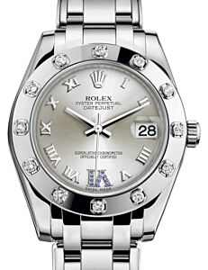 Rolex Pearlmaster 34 White Gold Silver Roman & Sapphire VI Dial & Diamond Set Bezel Pearlmaster Bracelet 81319 - BRAND NEW