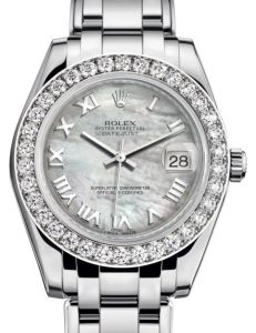 Rolex Pearlmaster 34 White Gold White Mother of Pearl Roman Dial & Diamond Bezel Pearlmaster Bracelet 81299 - BRAND NEW
