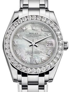 Rolex Pearlmaster 34 White Gold White Mother of Pearl Roman & Diamond VI Dial & Diamond Bezel Pearlmaster Bracelet 81299 - BRAND NEW