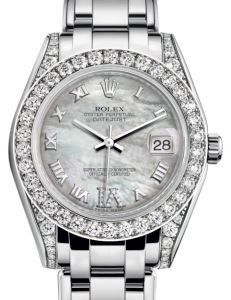 Rolex Pearlmaster 34 White Gold White Mother of Pearl Roman & Diamond VI Dial & Diamond Set Case & Bezel Pearlmaster Bracelet 81159 - BRAND NEW
