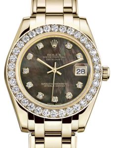 Rolex Pearlmaster 34 Yellow Gold Black Mother of Pearl Diamond Dial & Diamond Bezel Pearlmaster Bracelet 81298 - BRAND NEW