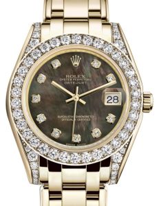Rolex Pearlmaster 34 Yellow Gold Black Mother of Pearl Diamond Dial & Diamond Set Case & Bezel Pearlmaster Bracelet 81298 - BRAND NEW