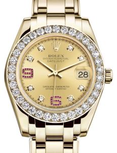 Rolex Pearlmaster 34 Yellow Gold Champagne Diamond & Ruby Arabic Dial & Diamond Bezel Pearlmaster Bracelet 81298 - BRAND NEW