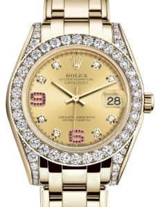 Rolex Pearlmaster 34 Yellow Gold Champagne Diamond & Ruby Arabic Dial & Diamond Set Case & Bezel Pearlmaster Bracelet 81298 - BRAND NEW