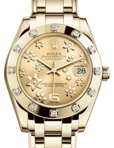 Rolex Pearlmaster 34 Yellow Gold Champagne Floral Motif Index Dial & Diamond Set Bezel Pearlmaster Bracelet 81318 - BRAND NEW