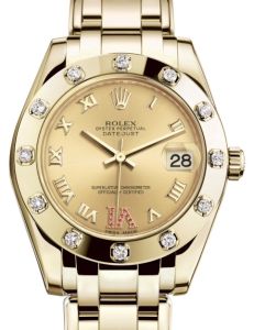 Rolex Pearlmaster 34 Yellow Gold Champagne Roman & Ruby VI Dial & Diamond Set Bezel Pearlmaster Bracelet 81318 - BRAND NEW