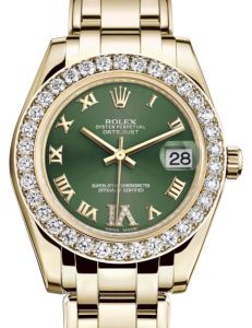 Rolex Pearlmaster 34 Yellow Gold Olive Green Roman & Diamond VI Dial & Diamond Bezel Pearlmaster Bracelet 81298 - BRAND NEW