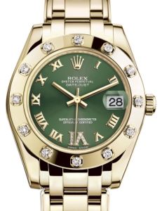Rolex Pearlmaster 34 Yellow Gold Olive Green Roman & Diamond VI Dial & Diamond Set Bezel Pearlmaster Bracelet 81318 - BRAND NEW