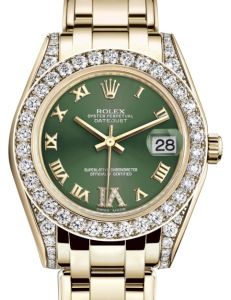 Rolex Pearlmaster 34 Yellow Gold Olive Green Roman & Diamond VI Dial & Diamond Set Case & Bezel Pearlmaster Bracelet 81298 - BRAND NEW