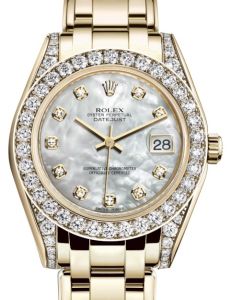 Rolex Pearlmaster 34 Yellow Gold White Mother of Pearl Diamond Dial & Diamond Set Case & Bezel Pearlmaster Bracelet 81298 - BRAND NEW