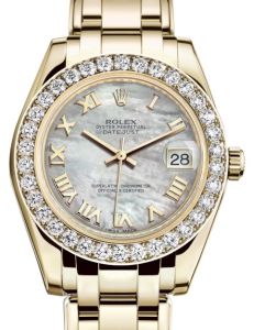 Rolex Pearlmaster 34 Yellow Gold White Mother of Pearl Roman Dial & Diamond Bezel Pearlmaster Bracelet 81298 - BRAND NEW