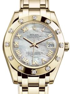 Rolex Pearlmaster 34 Yellow Gold White Mother of Pearl Roman Dial & Diamond Set Bezel Pearlmaster Bracelet 81318 - BRAND NEW