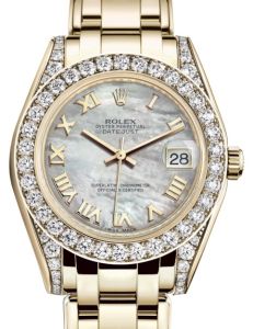 Rolex Pearlmaster 34 Yellow Gold White Mother of Pearl Roman Dial & Diamond Set Case & Bezel Pearlmaster Bracelet 81298 - BRAND NEW