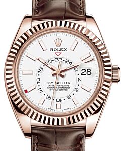 Rolex Sky-Dweller Rose Gold White Index Dial Fluted Bezel Leather Strap 326135 - BRAND NEW