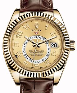 Rolex Sky-Dweller 326138-0004 Champagne Arabic Fluted Yellow Gold & Leather 42mm - BRAND NEW
