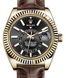 Rolex Sky-Dweller Yellow Gold Black Index Dial Fluted Bezel Leather Strap 326138 - BRAND NEW