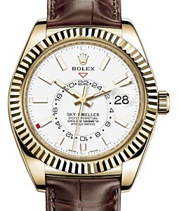 Rolex Sky-Dweller Yellow Gold White Index Dial Fluted Bezel Leather Strap 326138 - BRAND NEW