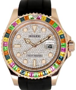 Rolex Yacht-Master 40 Rose Gold Diamond Paved Dial Rainbow Sapphire Bezel Oysterflex Rubber Strap 116695SATS - BRAND NEW