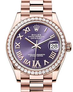 Rolex Datejust 31 Rose Gold Aubergine Dial & Diamond Bezel President Bracelet 278285RBR - BRAND NEW
