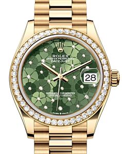 Rolex Datejust 31 Yellow Gold Olive Green Floral Motif Dial & Diamond Bezel President Bracelet 278288RBR - BRAND NEW