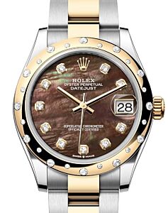 Rolex Datejust 31 Yellow Gold/Steel Black Mother of Pearl Dial & Domed Set Diamond Bezel Oyster Bracelet 278343RBR - BRAND NEW