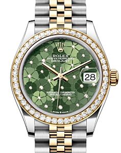 Rolex Datejust 31 Yellow Gold/Steel Olive Green Floral Motif Dial & Diamond Bezel Jubilee Bracelet 278383RBR - BRAND NEW