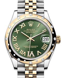 Rolex Datejust 31 Yellow Gold/Steel Olive Green Roman Dial & Domed Set Diamond Bezel Jubilee Bracelet 278343RBR - BRAND NEW