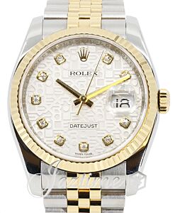 Rolex Datejust 36 Silver Jubilee Dial Diamond Fluted Yellow Gold Stainless Steel Jubilee 116233