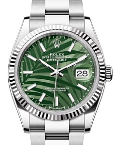 Rolex Datejust 36 Stainless Steel Olive Green Palm Motif Dial Fluted Bezel Oyster Bracelet 126234 - BRAND NEW