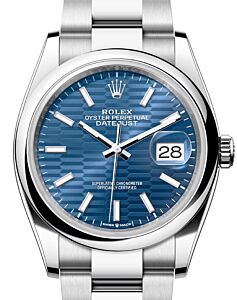 Rolex Datejust 36 Steel Bright Blue Fluted Motif Index Dial Domed Bezel Oyster Bracelet 126200 - BRAND NEW