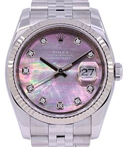 Rolex Datejust 36 White Gold/Steel Black Mother of Pearl Diamond Dial & Fluted Bezel Jubilee Bracelet 116234 - PRE-OWNED 