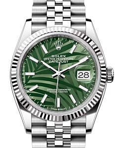 Rolex Datejust 36 White Gold/Steel Olive Green Palm Motif Dial Fluted Bezel Jubilee Bracelet 126234 - BRAND NEW