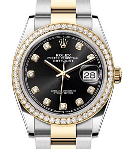 Rolex Datejust 36 Yellow Gold/Steel Bright Black Diamond Dial & Diamond Bezel Oyster Bracelet 126283RBR - BRAND NEW