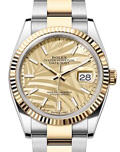 Rolex Datejust 36 Yellow Gold/Steel Golden Palm Motif Index Dial Fluted Bezel Oyster Bracelet 126233 - BRAND NEW