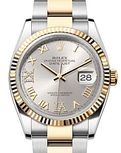 Rolex Datejust 36 Yellow Gold/Steel Silver Roman Diamond VIIX Dial & Fluted Bezel Oyster Bracelet 126233 - BRAND NEW