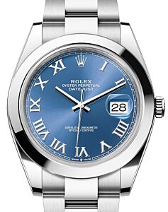 Rolex Datejust 41 Stainless Steel Azzurro Blue Roman Dial Smooth Bezel Oyster Bracelet 126300 - BRAND NEW