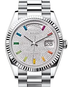 Rolex Day-Date 36 President Platinum Diamond Paved Colored Sapphires Dial & Fluted Bezel 128236 - BRAND NEW
