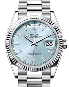 Rolex Day-Date 36 President Platinum Ice Blue Baguette Diamond Dial Fluted Bezel 128236