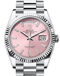 Rolex Day-Date 36 President Platinum Pink Baguette Diamond Dial Fluted Bezel 128236