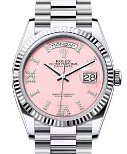 Rolex Day-Date 36 President Platinum Pink Opal Diamond Dial & Fluted Bezel 128236