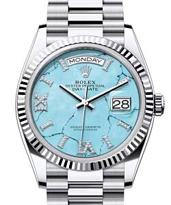 Rolex Day-Date 36 President Platinum Turquoise "Tiffany" Diamond Dial & Fluted Bezel 128236