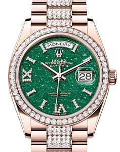 Rolex Day-Date 36 President Rose Gold Green Aventurine Dial Diamond Bezel & Bracelet 128345RBR