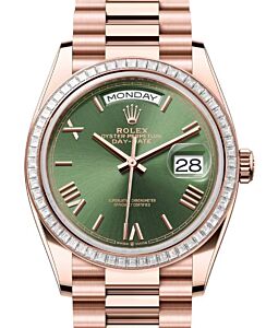 Rolex Day-Date 36 President Rose Gold Olive Green Roman Dial Diamond Baguette Bezel 128395TBR