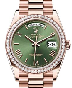 Rolex Day-Date 36 President Rose Gold Olive Green Roman Dial Diamond Bezel 128345RBR - BRAND NEW