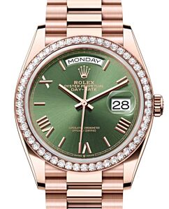 Rolex Day-Date 36 President Rose Gold Olive Green Roman Dial Diamond Bezel 128345RBR