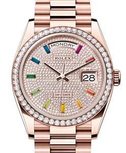 Rolex Day-Date 36 President Rose Gold Rainbow Colored Sapphires Dial & Diamond Bezel 128345RBR