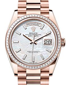 Rolex Day-Date 36 President Rose Gold White Mother of Pearl Baguette Diamond Dial & Bezel 128395TBR