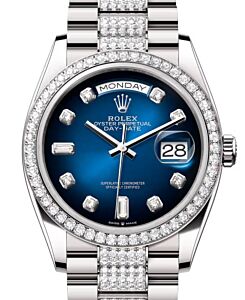 Rolex Day-Date 36 President White Gold Blue Ombre Dial Diamond Bezel & Bracelet 128349RBR