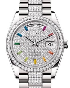 Rolex Day-Date 36 President White Gold Rainbow Colored Sapphires Dial Diamond Bezel & Bracelet 128349RBR