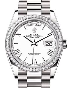 Rolex Day-Date 36 President White Gold White Roman Dial Diamond Bezel 128349RBR